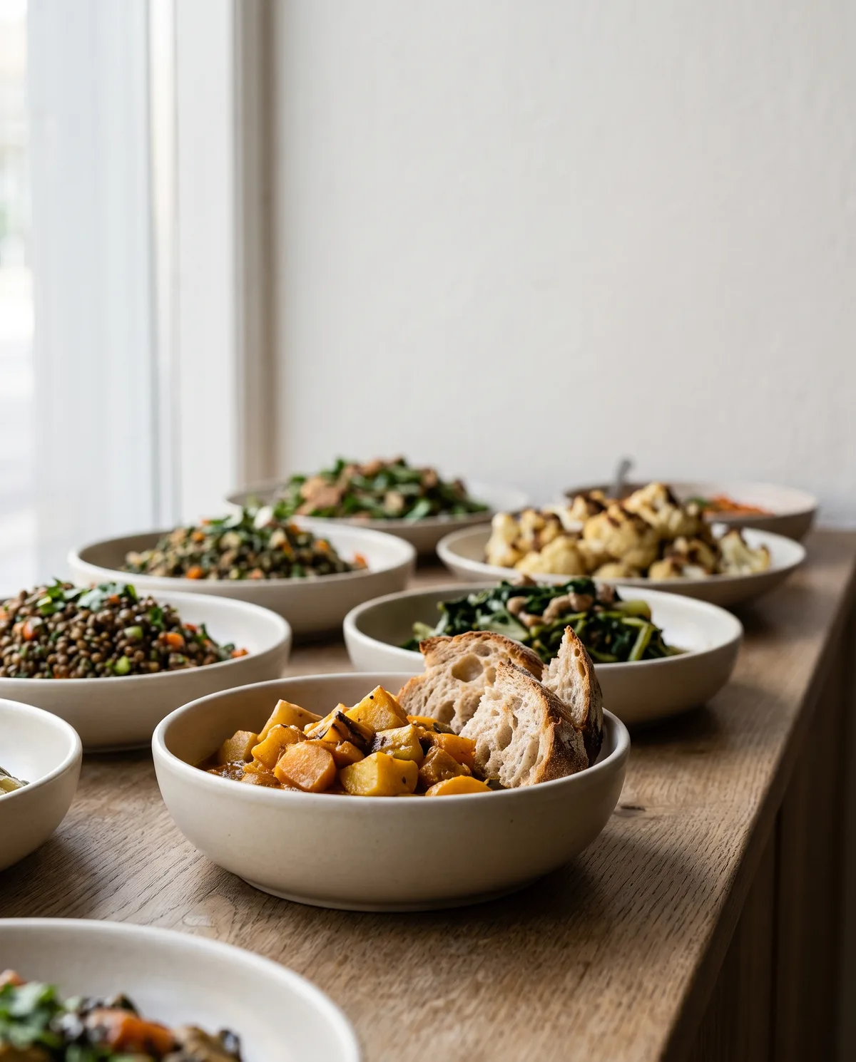 Buffet i små keramikfade set skråt tæt på: sæsongrønt, korn, en varm ret, brød, alt i mindre portioner