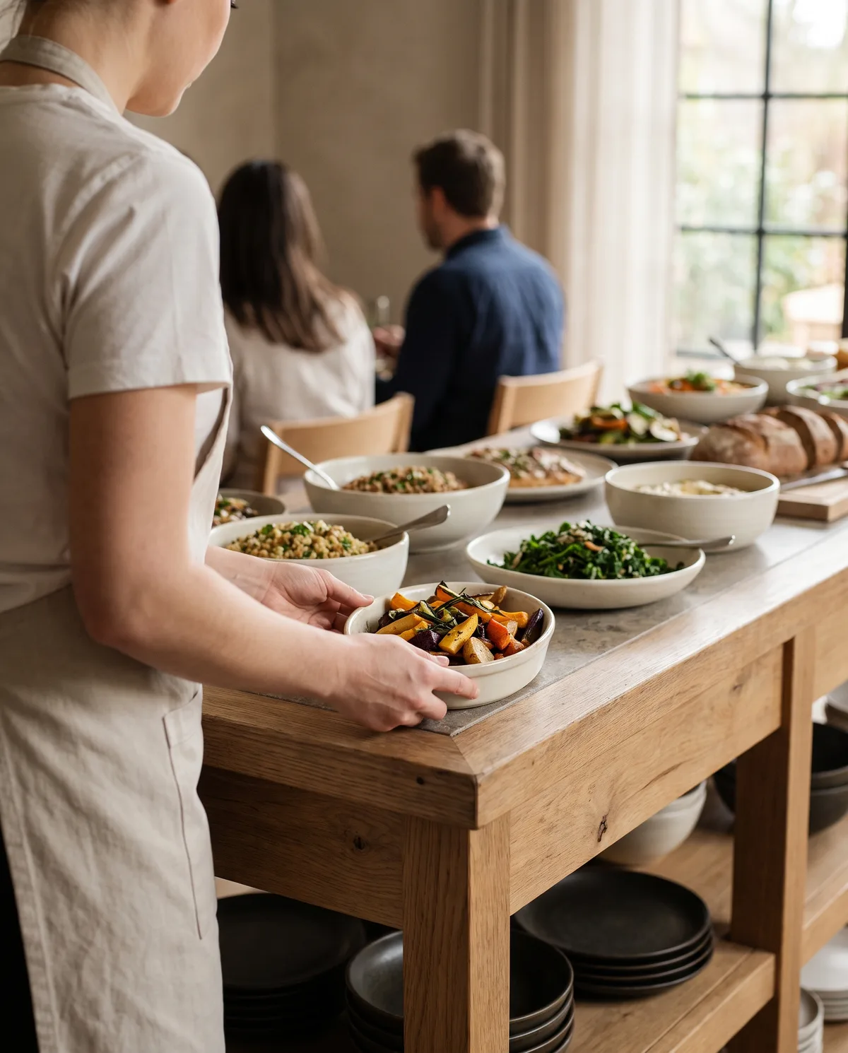 En medarbejder i lys forklæde fylder et lille fad op ved buffeten, set fra siden bagfra, gæster sløret bag