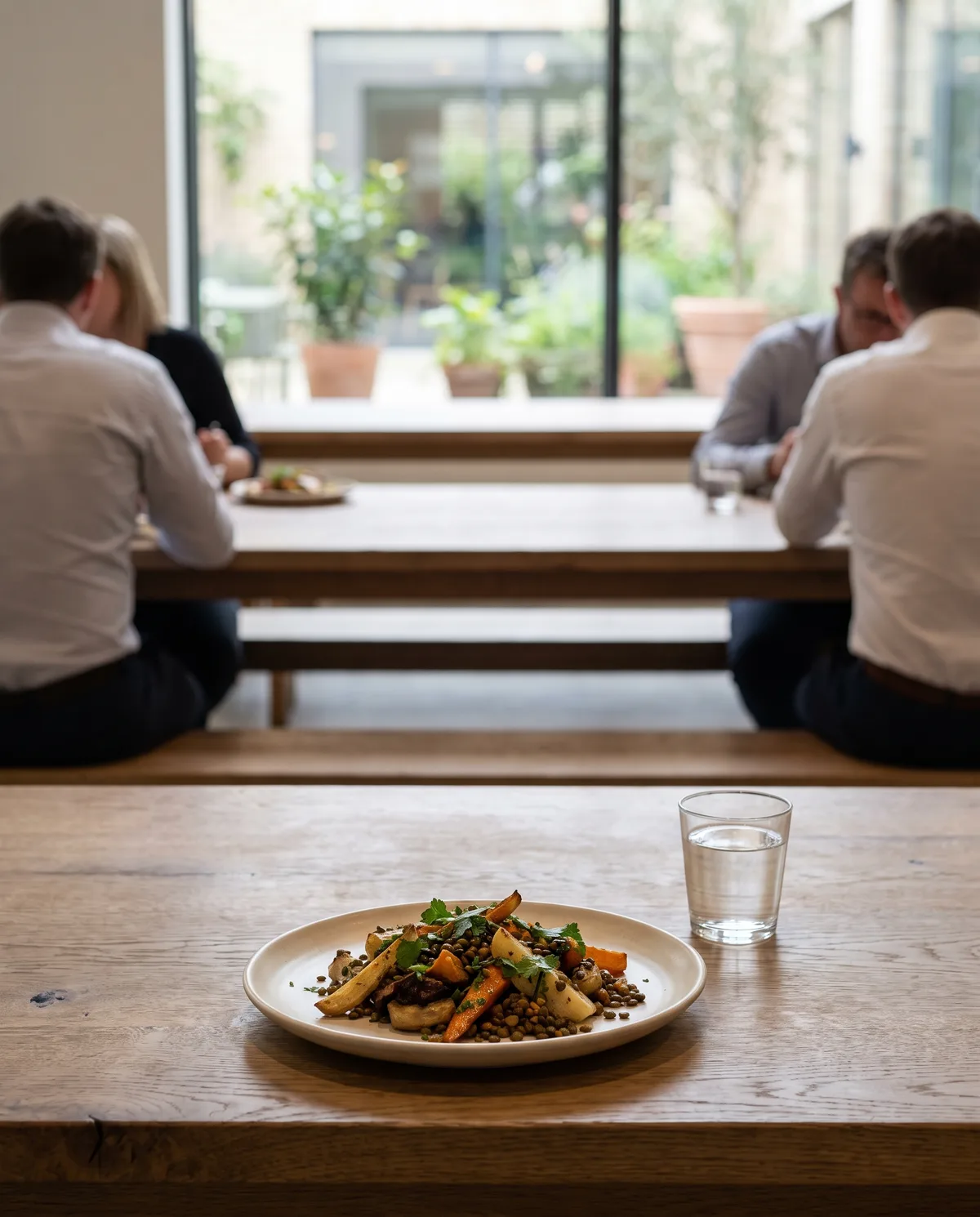 Lys personalerestaurant midt i frokosten: lange borde, gæster set bagfra, store vinduer, mad på bordene i forgrunden