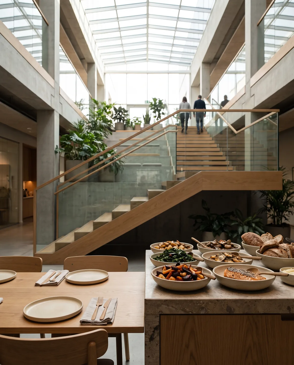 Kontorhusets atrium set fra restauranten: trappe, lys ovenfra, restaurantens borde nederst i billedet, få mennesker langt væk