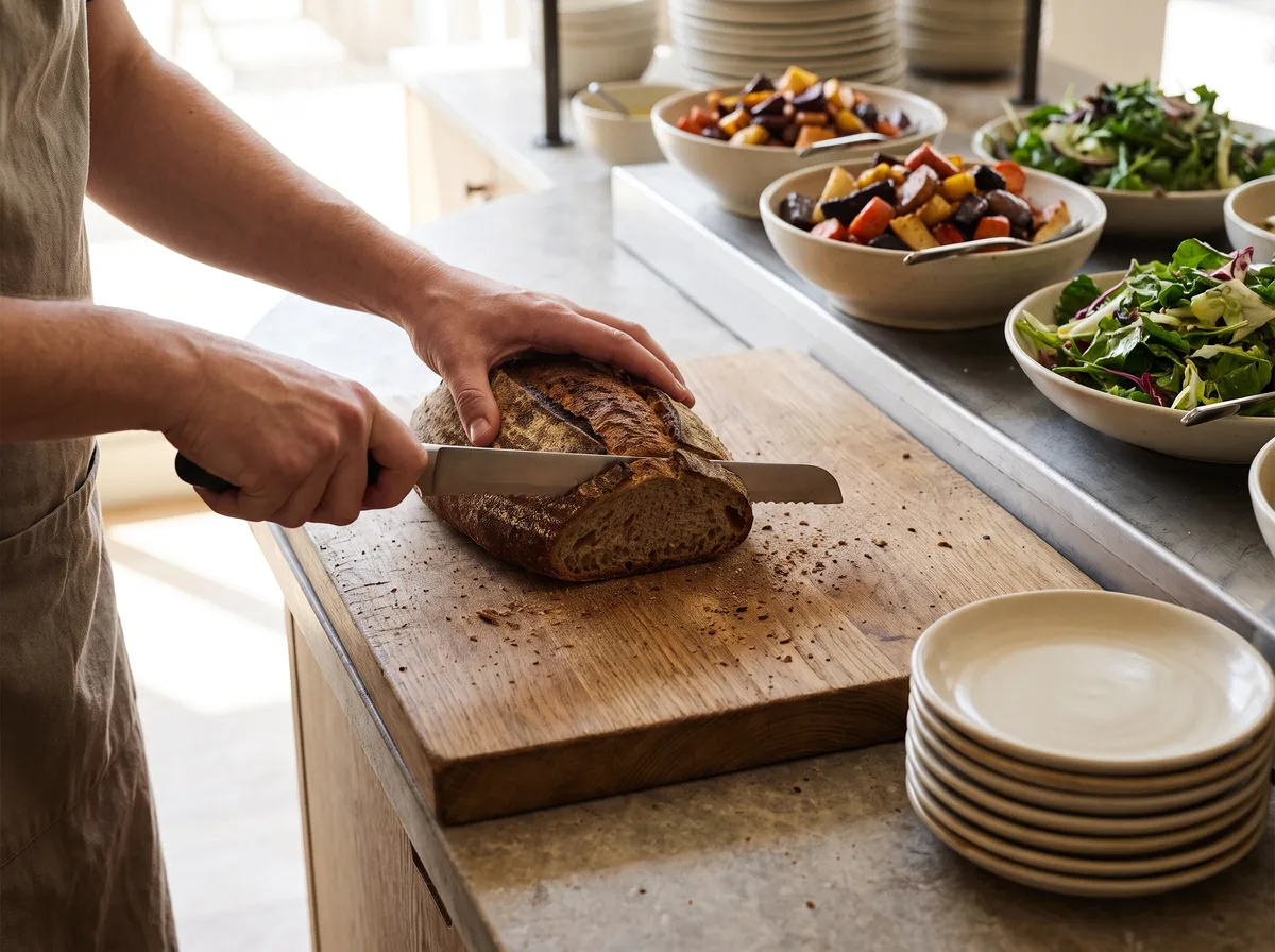 Nybagt brød skæres på træbræt ved siden af buffeten, hænder, smuler, daglys