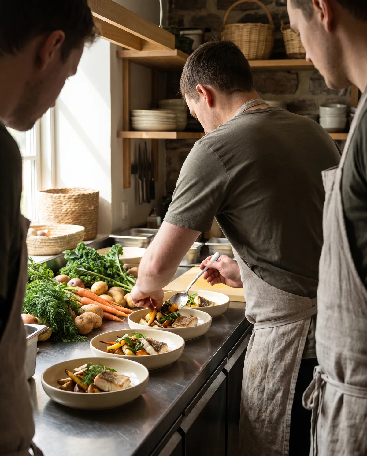 Nyt team oplæres i restaurantkøkkenet: tre personer i forklæder set bagfra, en viser en anretning