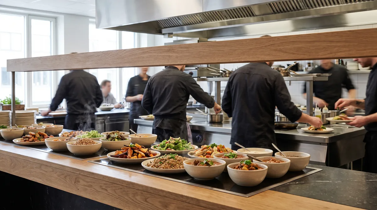 Åbent restaurantkøkken bag buffeten i fuld frokostdrift: kokke set bagfra, små fade på vej ud, dagslys