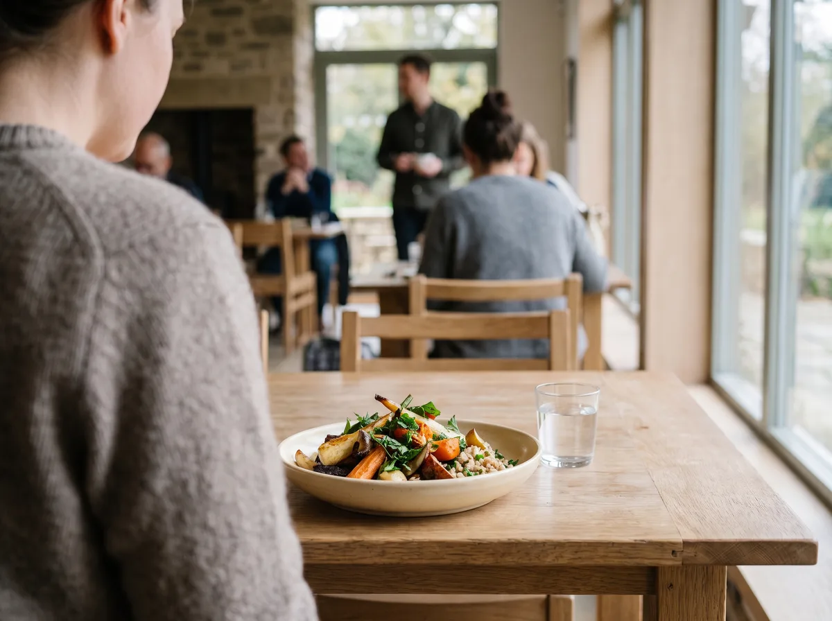 Én gæst ved vinduet med en fyldt tallerken, set bagfra, restauranten lys bag