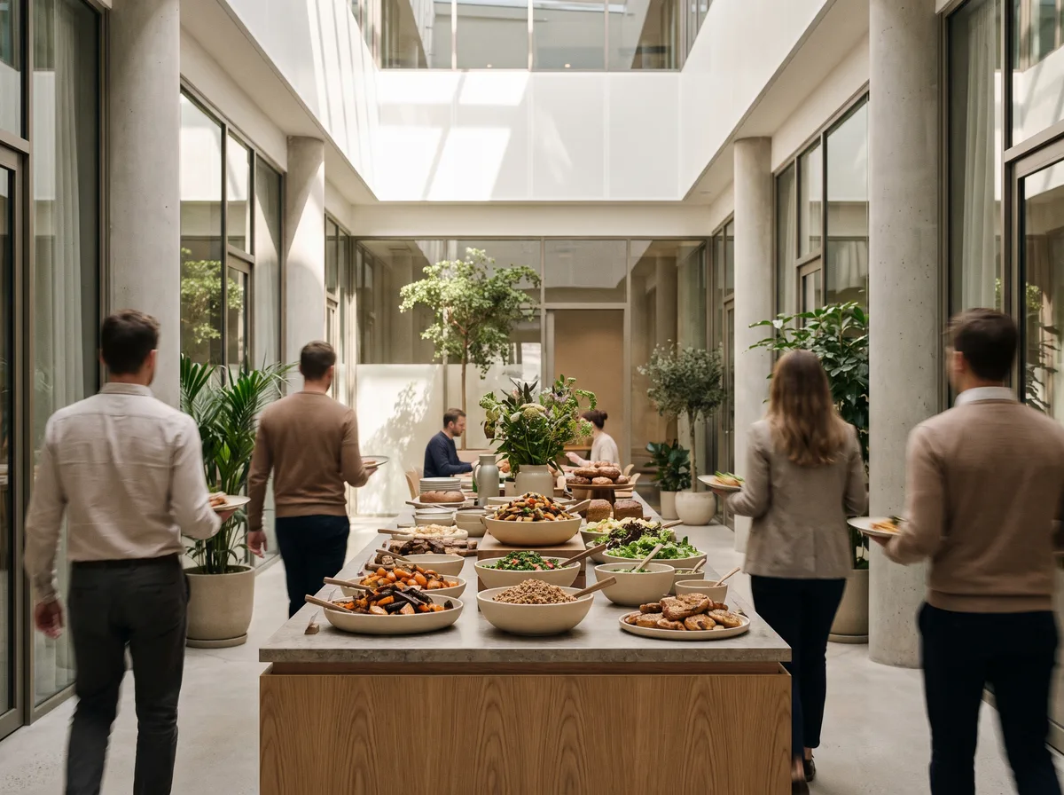 Kontorhusets stueetage med restauranten som samlingspunkt: buffeten i midten, folk på vej, glas og træ