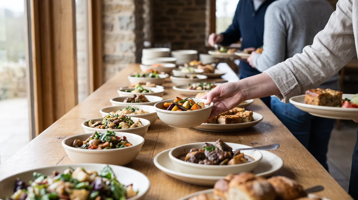 Buffeten set langs med: en række små fade, ét bliver netop fyldt op af en hånd, gæster sløret