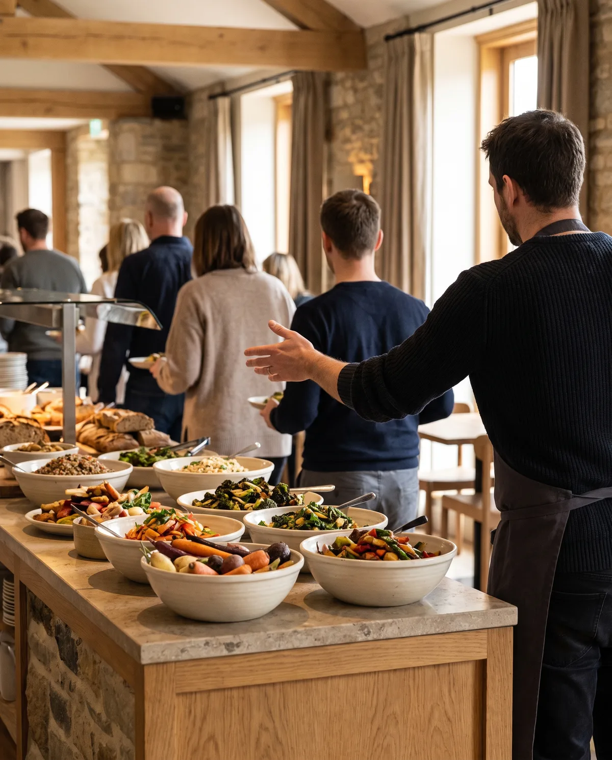 Frokosten i gang: en medarbejder ved buffeten byder velkommen, set bagfra, gæster i kø med tallerkener